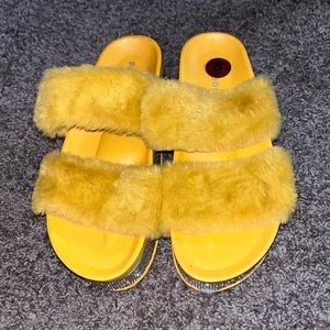 Yellow faux fur sandals